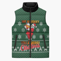 Funny Whiskey Christmas Sleeveless Puffer Jacket with Santa Holding Mug and We Whiskey You a Merry Christmas Quote - Wonder Print Shop