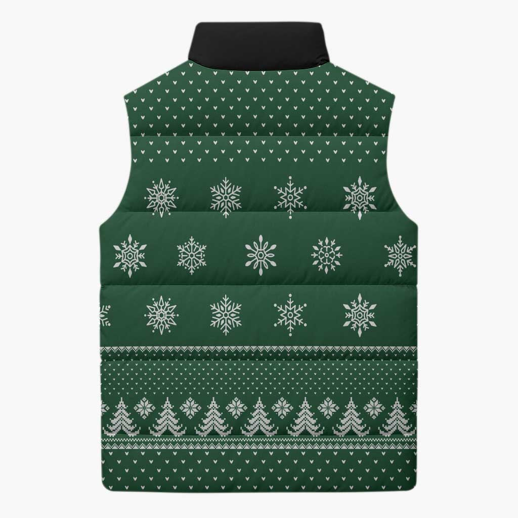Funny Whiskey Christmas Sleeveless Puffer Jacket with Santa Holding Mug and We Whiskey You a Merry Christmas Quote - Wonder Print Shop