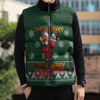 Funny Whiskey Christmas Sleeveless Puffer Jacket with Santa Holding Mug and We Whiskey You a Merry Christmas Quote - Wonder Print Shop