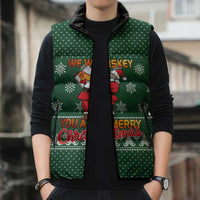Funny Whiskey Christmas Sleeveless Puffer Jacket with Santa Holding Mug and We Whiskey You a Merry Christmas Quote - Wonder Print Shop