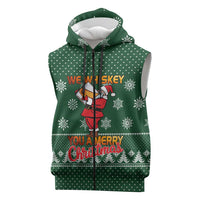 Funny Whiskey Christmas Sleeveless Zip Hoodie with Santa Holding Mug and We Whiskey You a Merry Christmas Quote - Wonder Print Shop