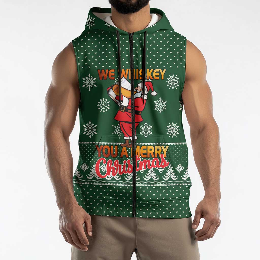Funny Whiskey Christmas Sleeveless Zip Hoodie with Santa Holding Mug and We Whiskey You a Merry Christmas Quote - Wonder Print Shop