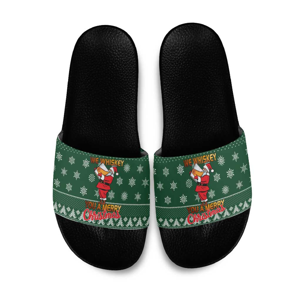 Funny Whiskey Christmas Slide Sandals with Santa Holding Mug and We Whiskey You a Merry Christmas Quote - Wonder Print Shop
