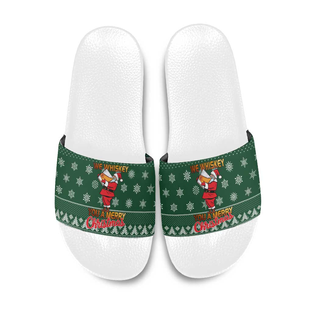 Funny Whiskey Christmas Slide Sandals with Santa Holding Mug and We Whiskey You a Merry Christmas Quote - Wonder Print Shop