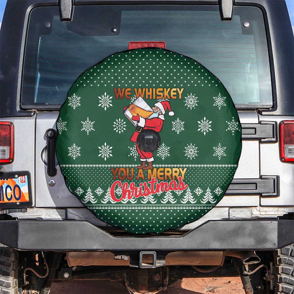Funny Whiskey Christmas Spare Tire Cover with Santa Holding Mug and We Whiskey You a Merry Christmas Quote - Wonder Print Shop