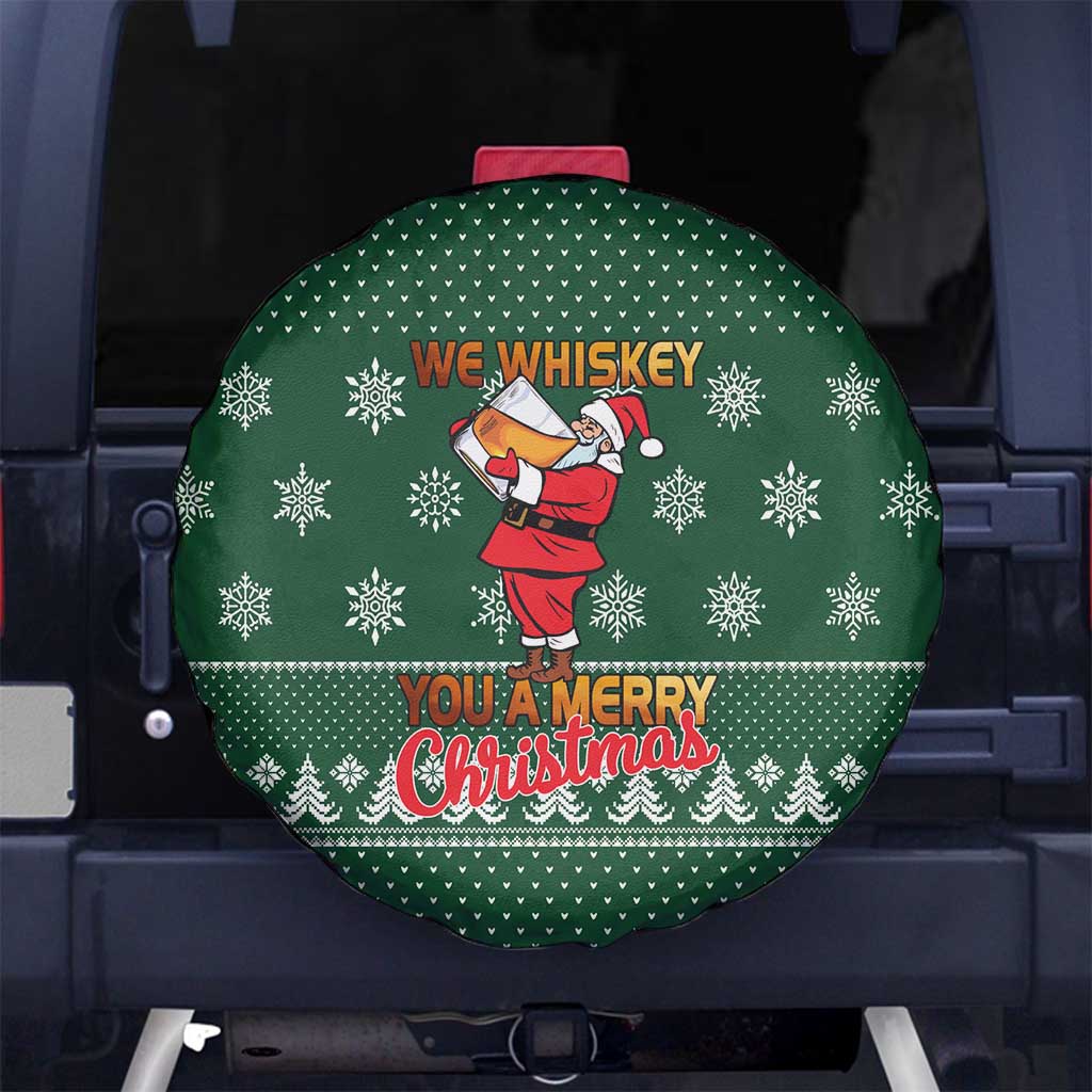 Funny Whiskey Christmas Spare Tire Cover with Santa Holding Mug and We Whiskey You a Merry Christmas Quote - Wonder Print Shop