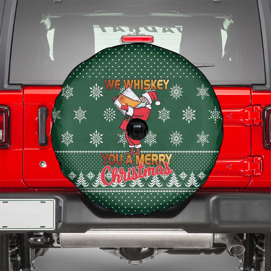 Funny Whiskey Christmas Spare Tire Cover with Santa Holding Mug and We Whiskey You a Merry Christmas Quote - Wonder Print Shop