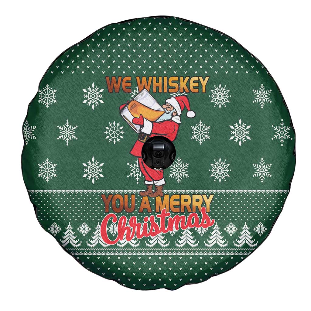 Funny Whiskey Christmas Spare Tire Cover with Santa Holding Mug and We Whiskey You a Merry Christmas Quote - Wonder Print Shop