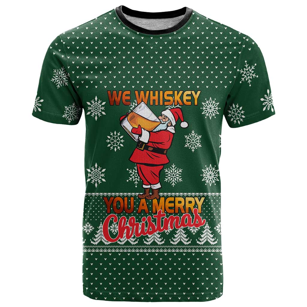 Funny Whiskey Christmas T Shirt with Santa Holding Mug and We Whiskey You a Merry Christmas Quote - Wonder Print Shop