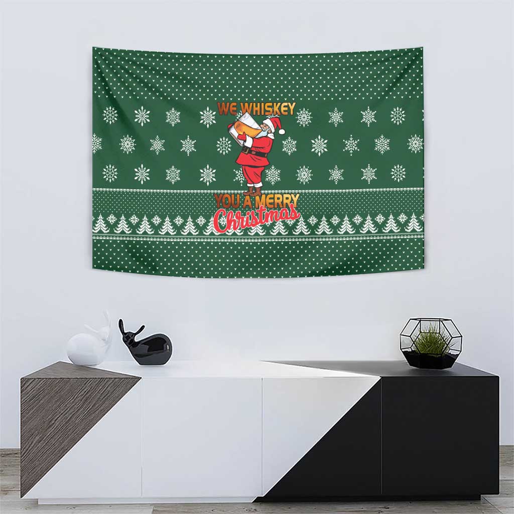 Funny Whiskey Christmas Tapestry with Santa Holding Mug and We Whiskey You a Merry Christmas Quote - Wonder Print Shop