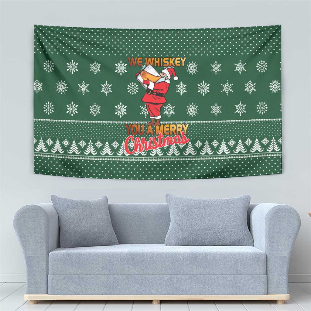 Funny Whiskey Christmas Tapestry with Santa Holding Mug and We Whiskey You a Merry Christmas Quote - Wonder Print Shop