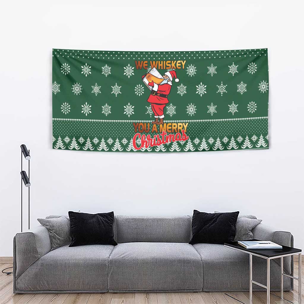 Funny Whiskey Christmas Tapestry with Santa Holding Mug and We Whiskey You a Merry Christmas Quote - Wonder Print Shop
