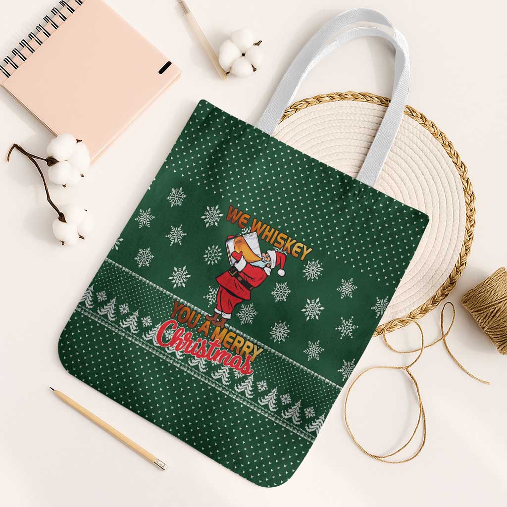 Funny Whiskey Christmas Tote Bag with Santa Holding Mug and We Whiskey You a Merry Christmas Quote - Wonder Print Shop