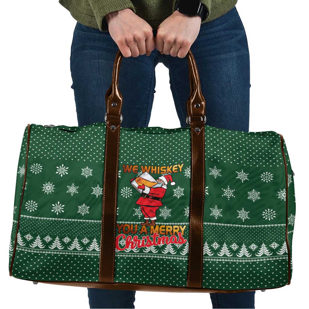 Funny Whiskey Christmas Travel Bag with Santa Holding Mug and We Whiskey You a Merry Christmas Quote - Wonder Print Shop