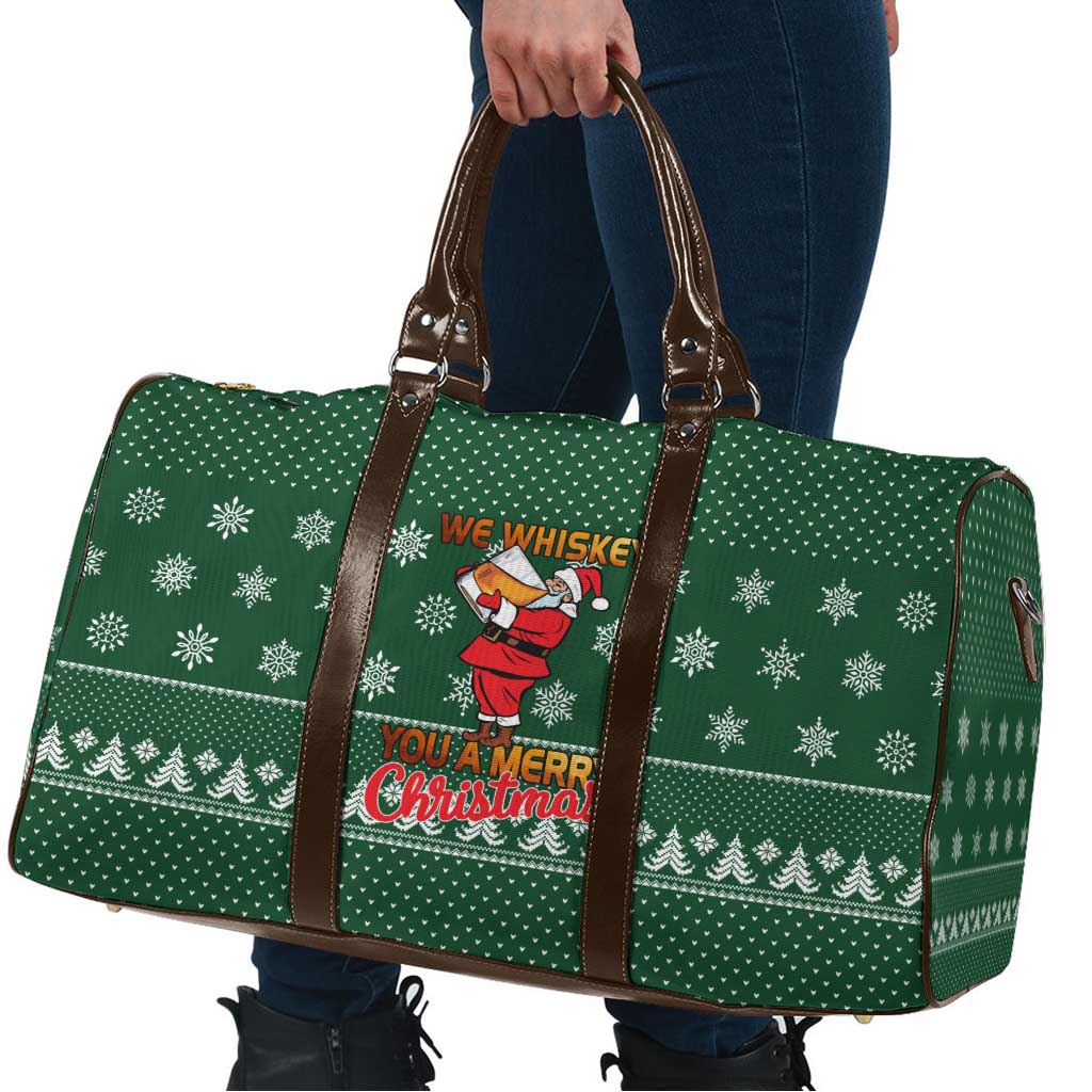 Funny Whiskey Christmas Travel Bag with Santa Holding Mug and We Whiskey You a Merry Christmas Quote - Wonder Print Shop