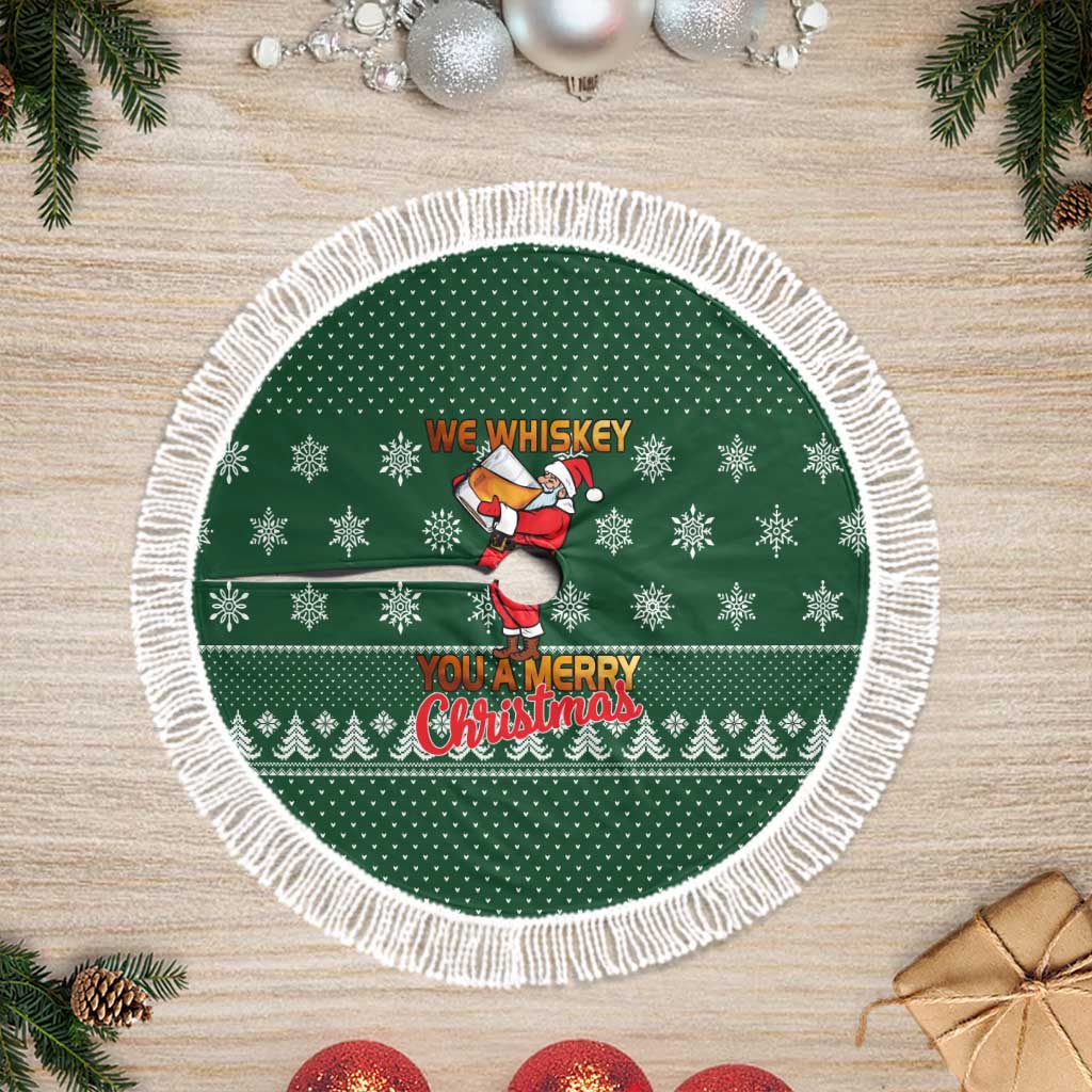 Funny Whiskey Christmas Tree Skirt with Santa Holding Mug and We Whiskey You a Merry Christmas Quote - Wonder Print Shop