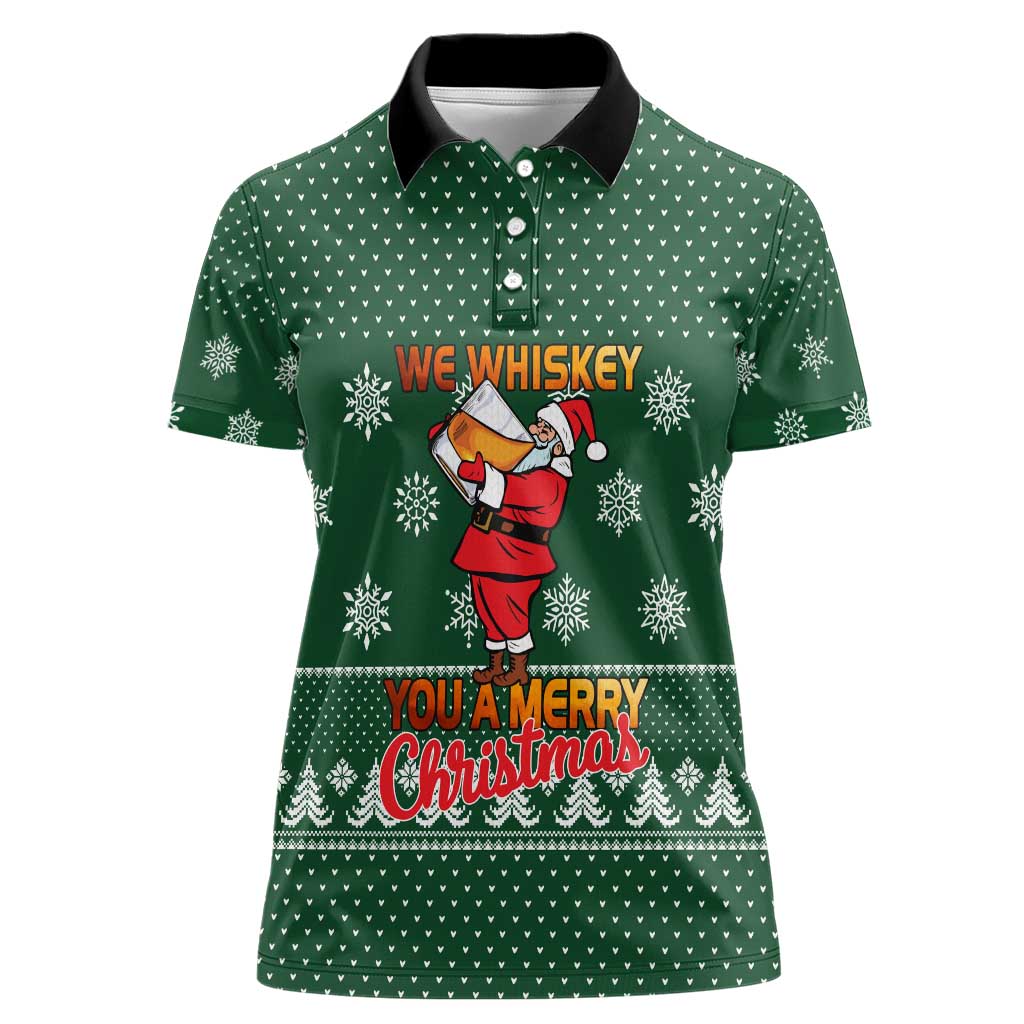 Funny Whiskey Christmas Women Polo Shirt with Santa Holding Mug and We Whiskey You a Merry Christmas Quote - Wonder Print Shop