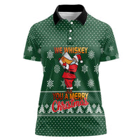 Funny Whiskey Christmas Women Polo Shirt with Santa Holding Mug and We Whiskey You a Merry Christmas Quote - Wonder Print Shop