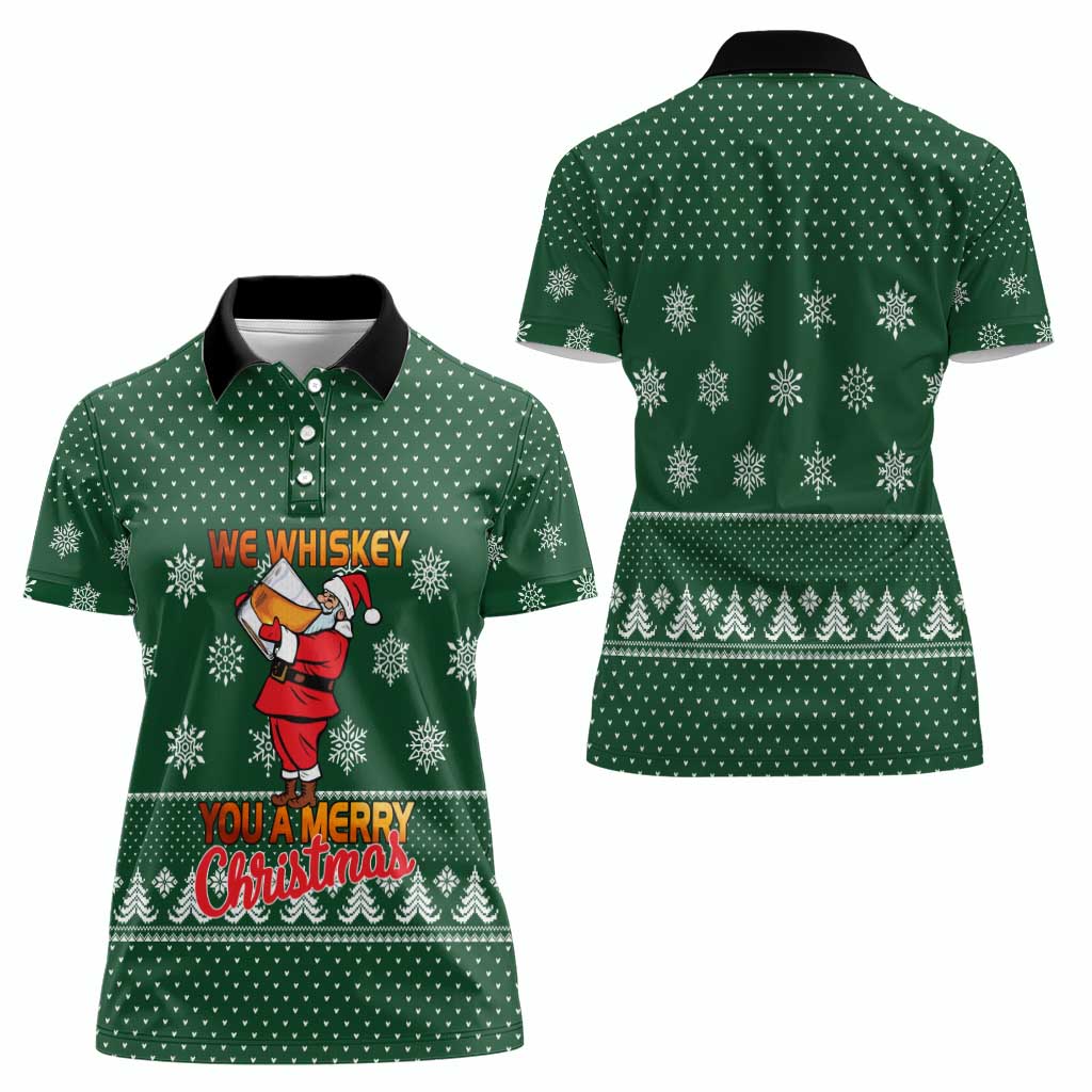 Funny Whiskey Christmas Women Polo Shirt with Santa Holding Mug and We Whiskey You a Merry Christmas Quote - Wonder Print Shop