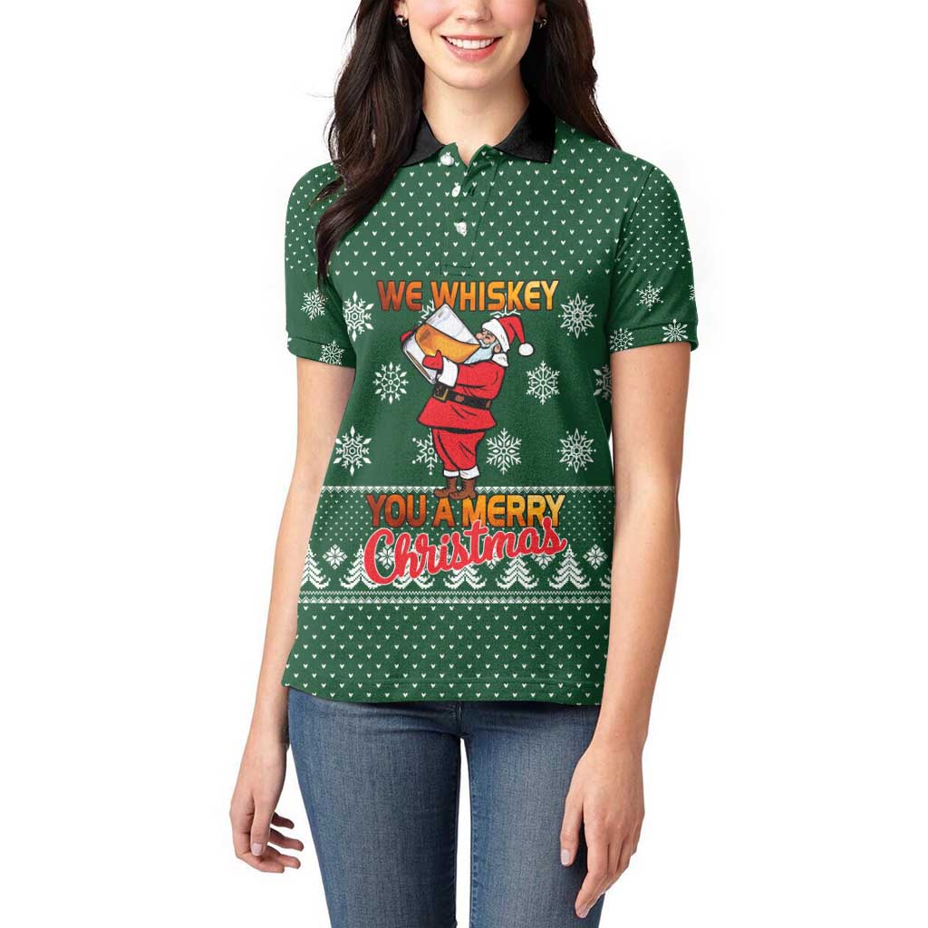 Funny Whiskey Christmas Women Polo Shirt with Santa Holding Mug and We Whiskey You a Merry Christmas Quote - Wonder Print Shop