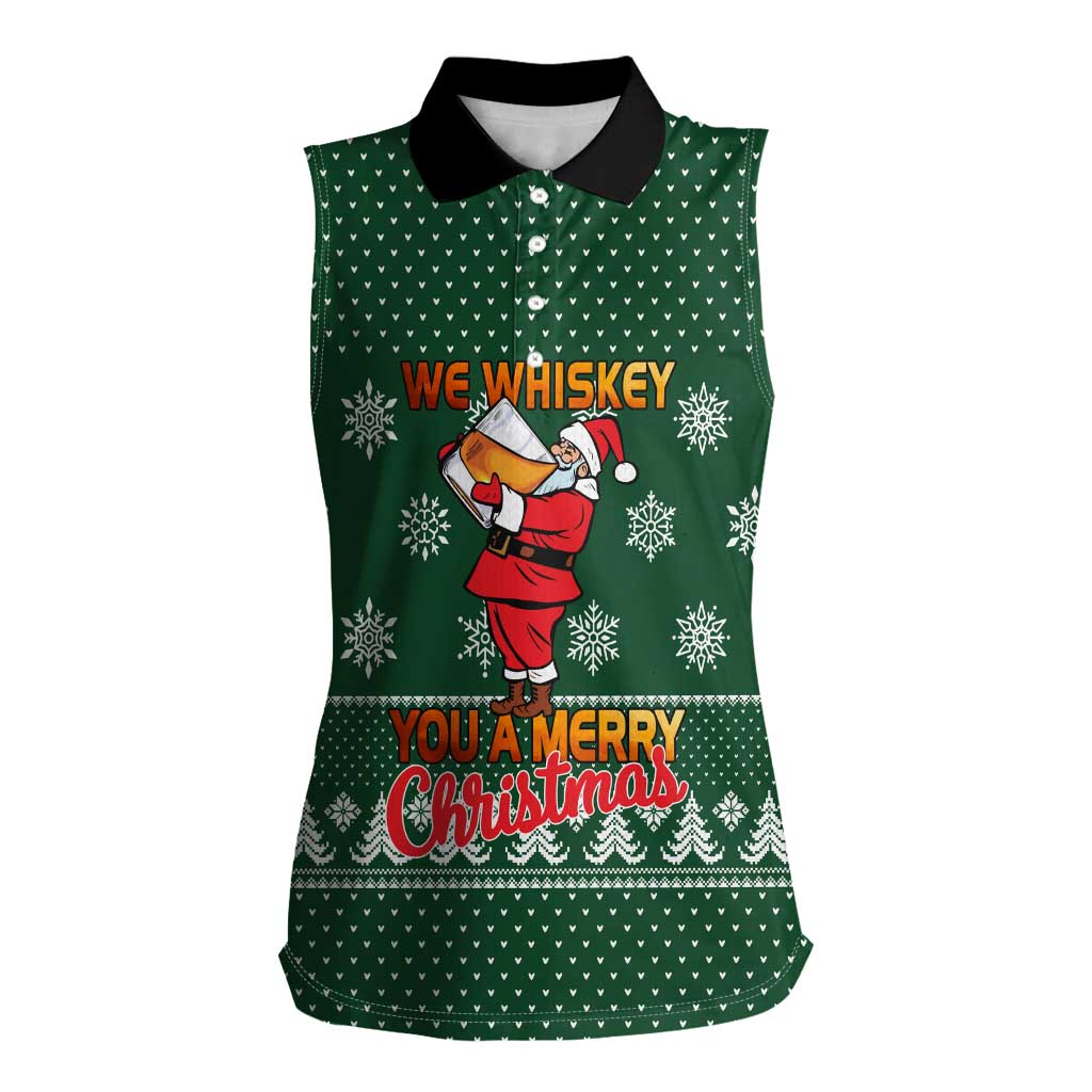 Funny Whiskey Christmas Women Sleeveless Polo Shirt with Santa Holding Mug and We Whiskey You a Merry Christmas Quote - Wonder Print Shop