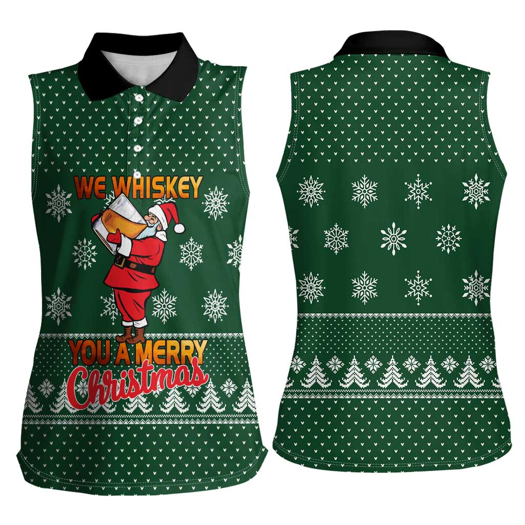 Funny Whiskey Christmas Women Sleeveless Polo Shirt with Santa Holding Mug and We Whiskey You a Merry Christmas Quote - Wonder Print Shop