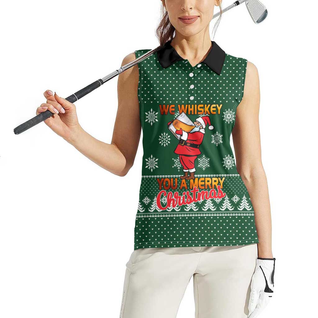 Funny Whiskey Christmas Women Sleeveless Polo Shirt with Santa Holding Mug and We Whiskey You a Merry Christmas Quote - Wonder Print Shop