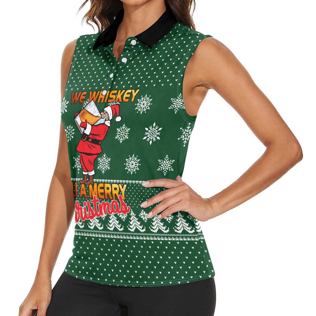 Funny Whiskey Christmas Women Sleeveless Polo Shirt with Santa Holding Mug and We Whiskey You a Merry Christmas Quote - Wonder Print Shop