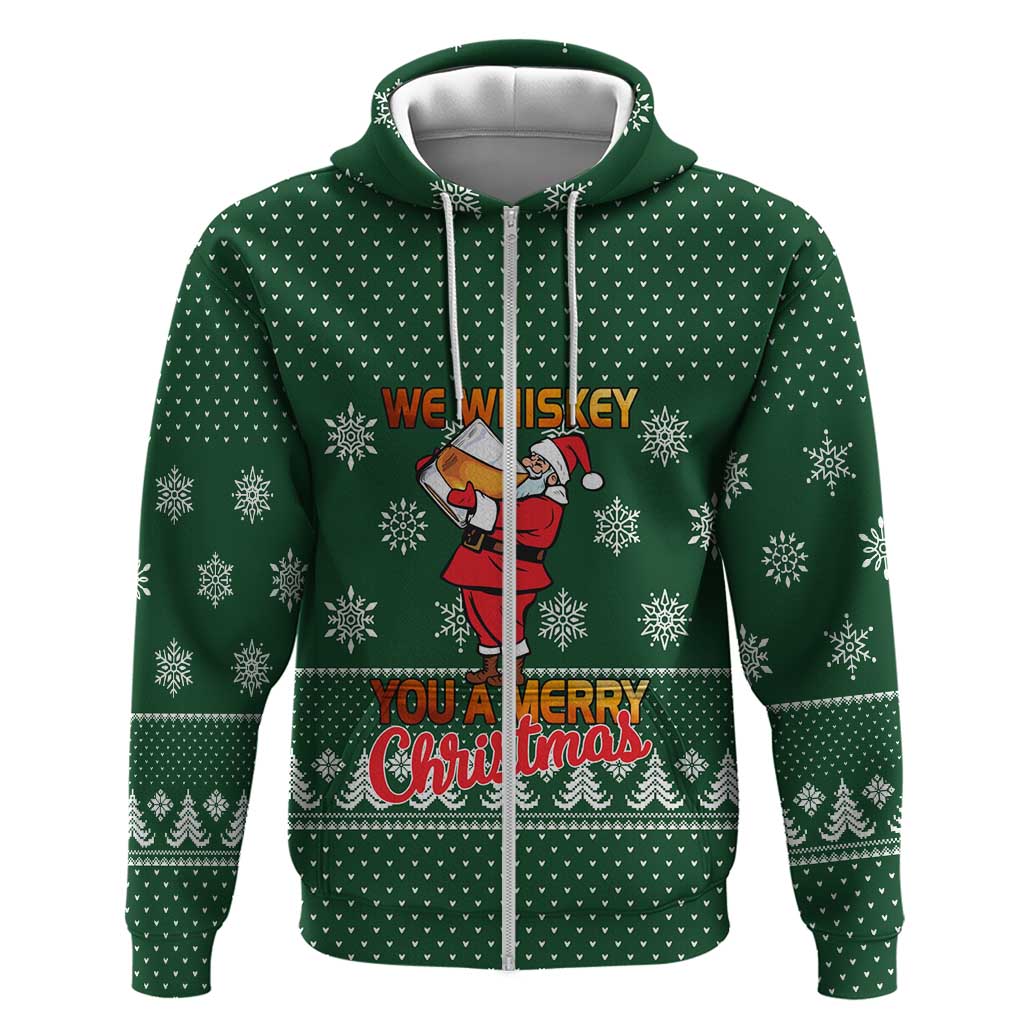 Funny Whiskey Christmas Zip Hoodie with Santa Holding Mug and We Whiskey You a Merry Christmas Quote - Wonder Print Shop