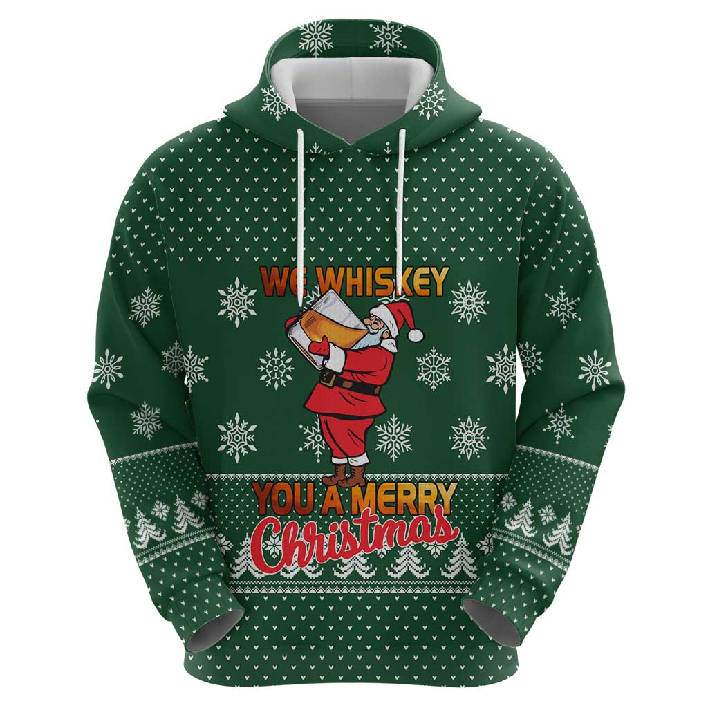 Funny Whiskey Christmas Zip Hoodie with Santa Holding Mug and We Whiskey You a Merry Christmas Quote - Wonder Print Shop