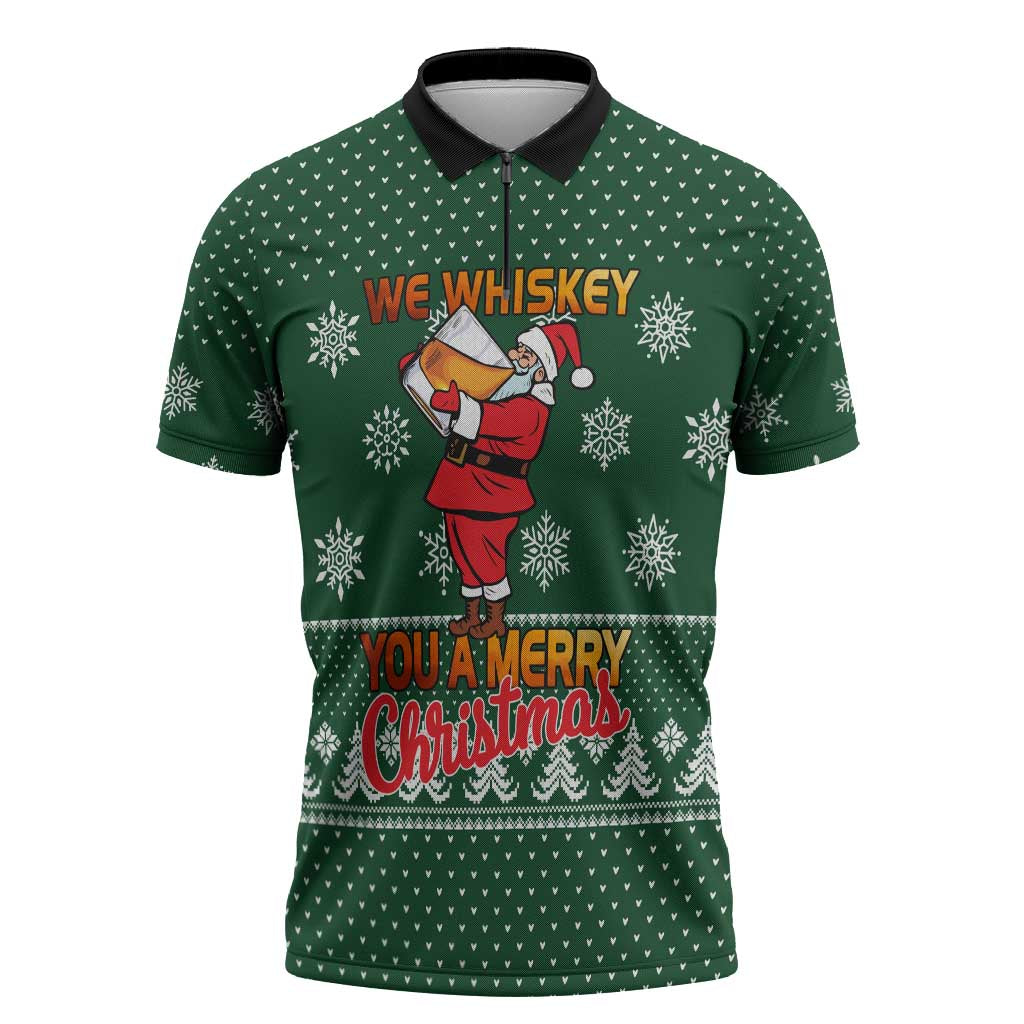 Funny Whiskey Christmas Zipper Polo Shirt with Santa Holding Mug and We Whiskey You a Merry Christmas Quote - Wonder Print Shop