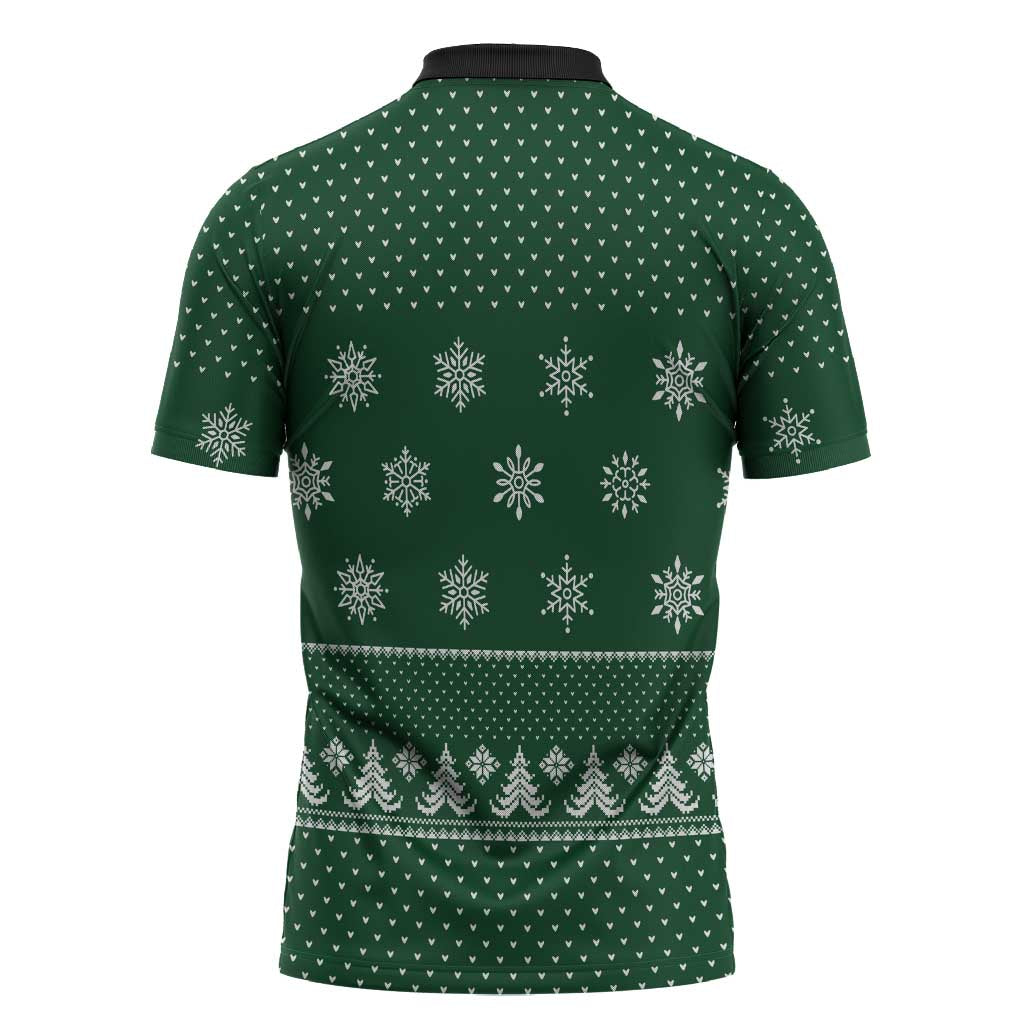 Funny Whiskey Christmas Zipper Polo Shirt with Santa Holding Mug and We Whiskey You a Merry Christmas Quote - Wonder Print Shop