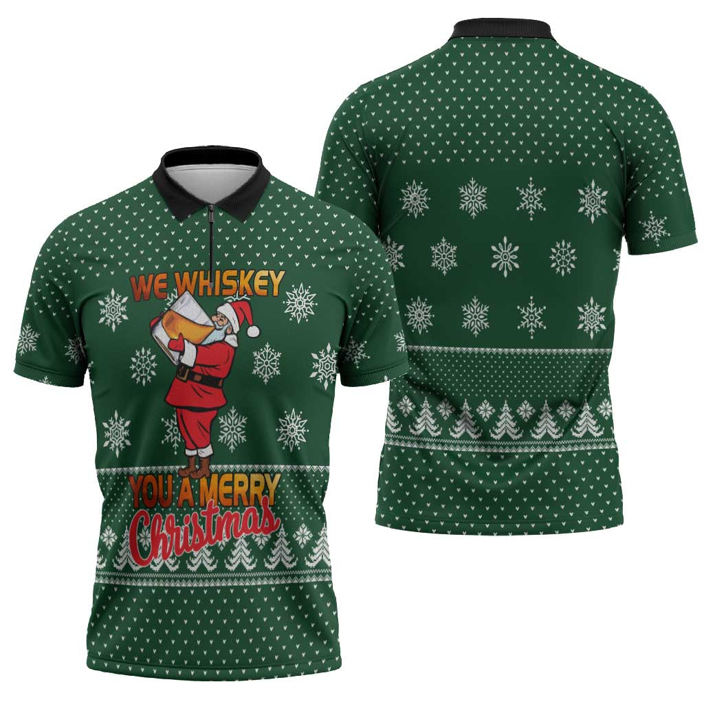 Funny Whiskey Christmas Zipper Polo Shirt with Santa Holding Mug and We Whiskey You a Merry Christmas Quote - Wonder Print Shop
