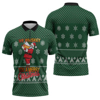 Funny Whiskey Christmas Zipper Polo Shirt with Santa Holding Mug and We Whiskey You a Merry Christmas Quote - Wonder Print Shop