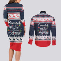 Sweater Weather Christmas Couples Matching Long Sleeve Bodycon Dress and Long Sleeve Button Shirt with Better Together Quote and Reindeer Snowflake - Wonder Print Shop