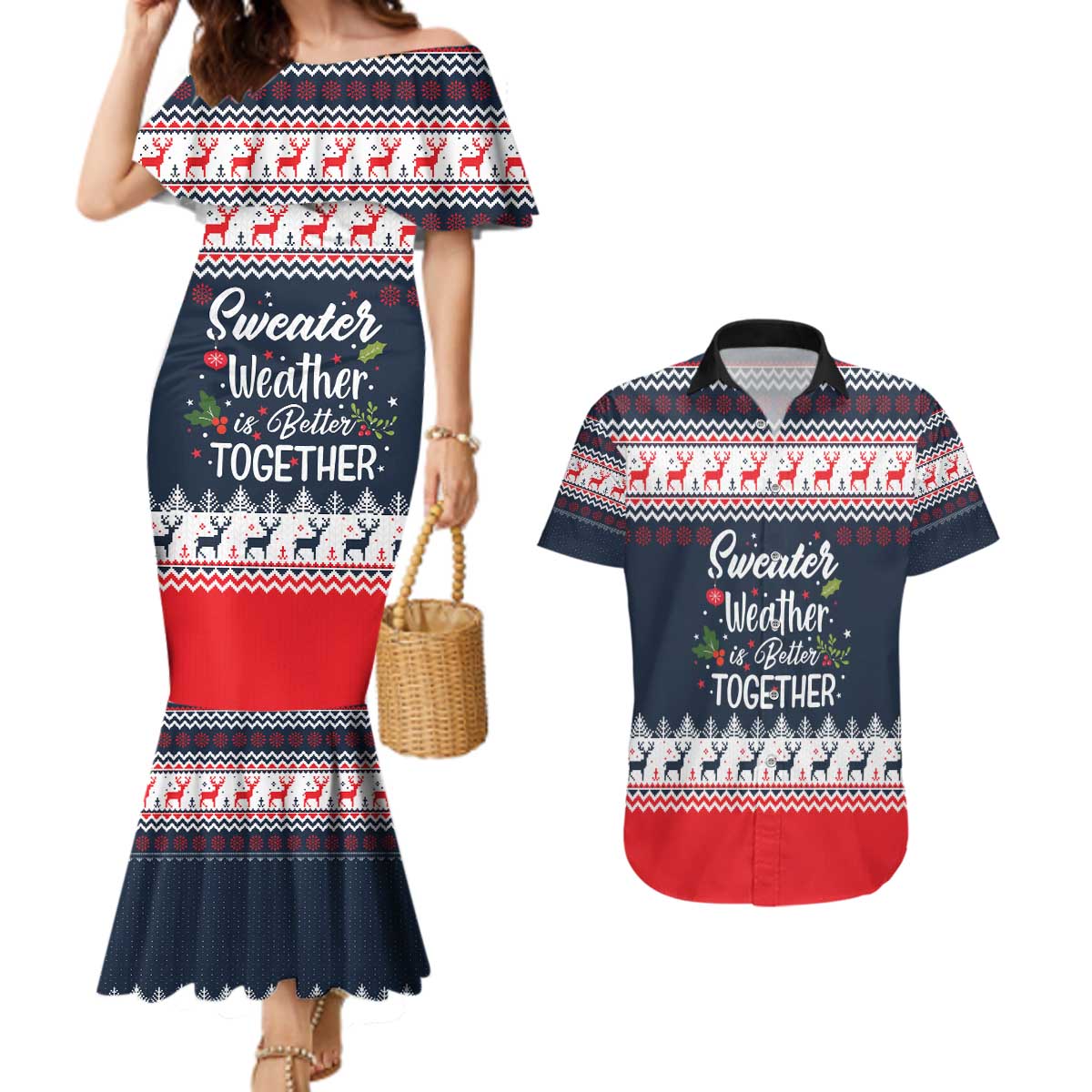 Sweater Weather Christmas Couples Matching Mermaid Dress and Hawaiian Shirt with Better Together Quote and Reindeer Snowflake - Wonder Print Shop