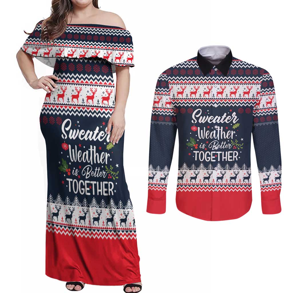 Sweater Weather Christmas Couples Matching Off Shoulder Maxi Dress and Long Sleeve Button Shirt with Better Together Quote and Reindeer Snowflake - Wonder Print Shop