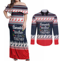 Sweater Weather Christmas Couples Matching Off Shoulder Maxi Dress and Long Sleeve Button Shirt with Better Together Quote and Reindeer Snowflake - Wonder Print Shop