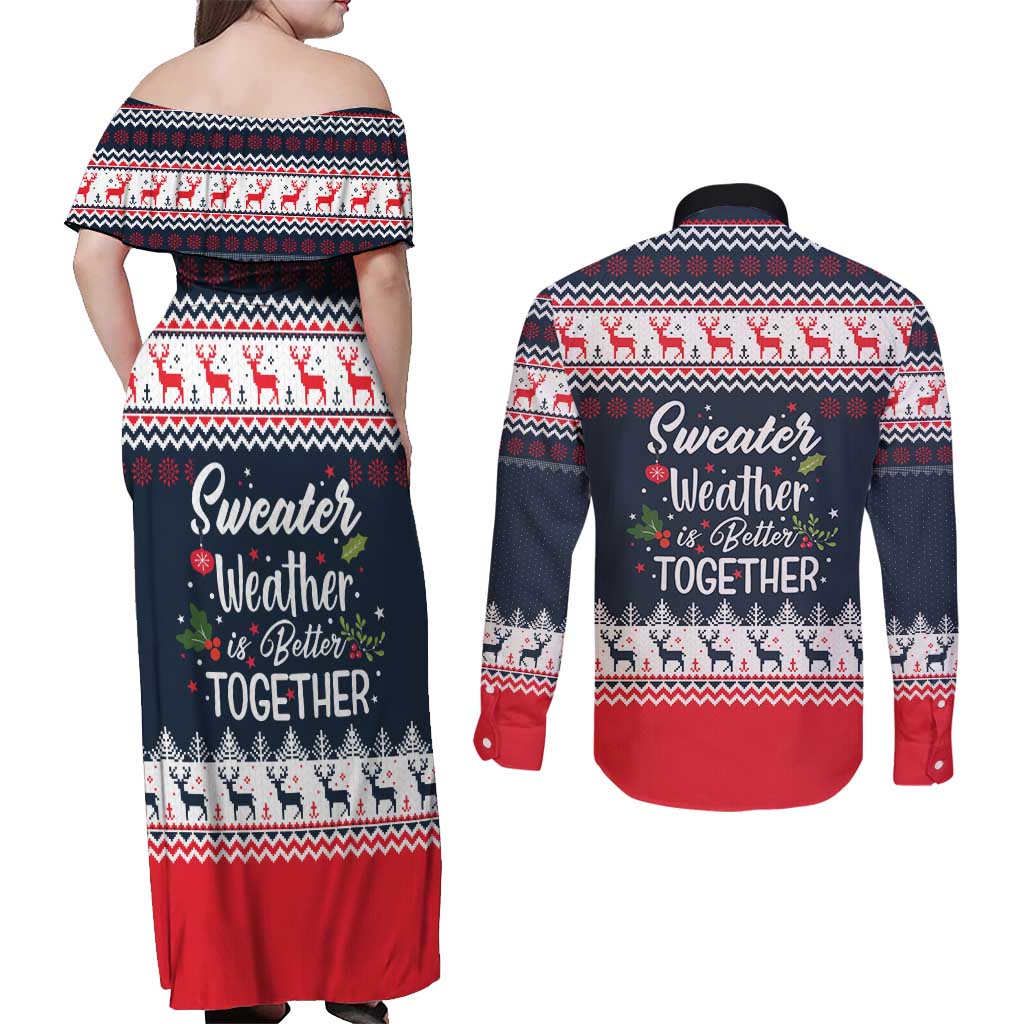 Sweater Weather Christmas Couples Matching Off Shoulder Maxi Dress and Long Sleeve Button Shirt with Better Together Quote and Reindeer Snowflake - Wonder Print Shop