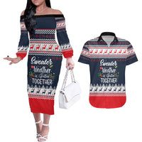 Sweater Weather Christmas Couples Matching Off The Shoulder Long Sleeve Dress and Hawaiian Shirt with Better Together Quote and Reindeer Snowflake - Wonder Print Shop