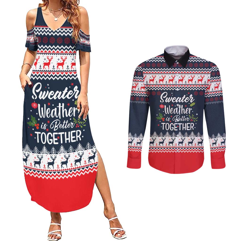 Sweater Weather Christmas Couples Matching Summer Maxi Dress and Long Sleeve Button Shirt with Better Together Quote and Reindeer Snowflake - Wonder Print Shop
