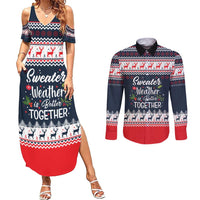Sweater Weather Christmas Couples Matching Summer Maxi Dress and Long Sleeve Button Shirt with Better Together Quote and Reindeer Snowflake - Wonder Print Shop