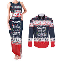 Sweater Weather Christmas Couples Matching Tank Maxi Dress and Long Sleeve Button Shirt with Better Together Quote and Reindeer Snowflake - Wonder Print Shop