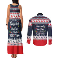 Sweater Weather Christmas Couples Matching Tank Maxi Dress and Long Sleeve Button Shirt with Better Together Quote and Reindeer Snowflake - Wonder Print Shop