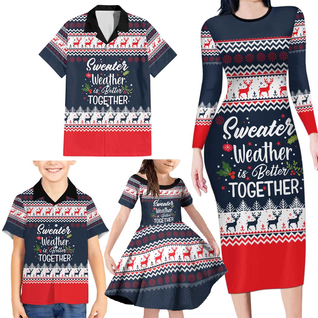 Sweater Weather Christmas Family Matching Long Sleeve Bodycon Dress and Hawaiian Shirt with Better Together Quote and Reindeer Snowflake - Wonder Print Shop