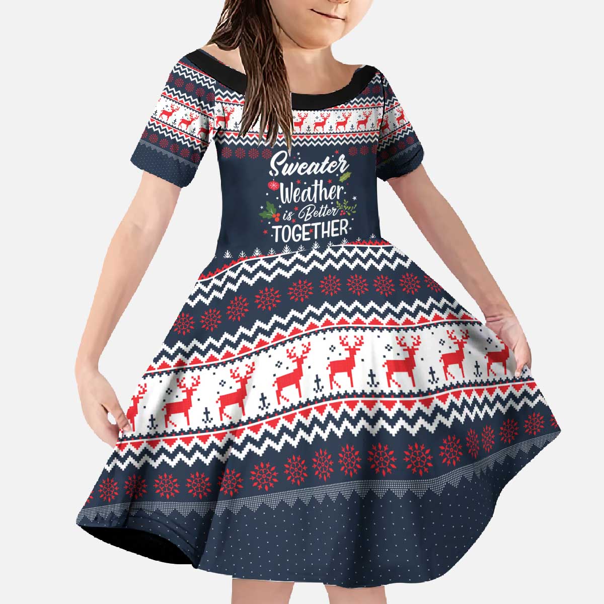 Sweater Weather Christmas Family Matching Off The Shoulder Long Sleeve Dress and Hawaiian Shirt with Better Together Quote and Reindeer Snowflake - Wonder Print Shop