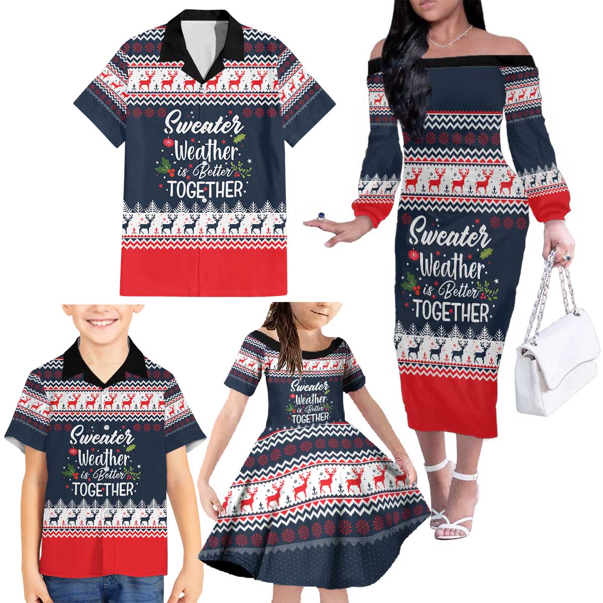 Sweater Weather Christmas Family Matching Off The Shoulder Long Sleeve Dress and Hawaiian Shirt with Better Together Quote and Reindeer Snowflake - Wonder Print Shop