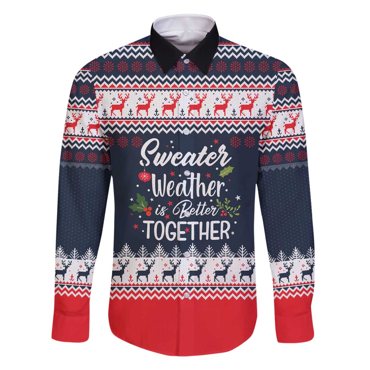 Sweater Weather Christmas Family Matching Off The Shoulder Long Sleeve Dress and Hawaiian Shirt with Better Together Quote and Reindeer Snowflake - Wonder Print Shop