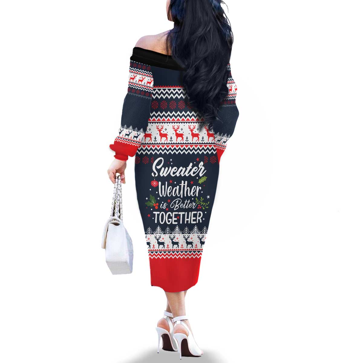 Sweater Weather Christmas Family Matching Off The Shoulder Long Sleeve Dress and Hawaiian Shirt with Better Together Quote and Reindeer Snowflake - Wonder Print Shop