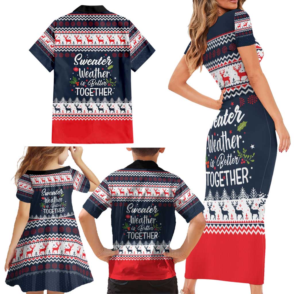 Sweater Weather Christmas Family Matching Short Sleeve Bodycon Dress and Hawaiian Shirt with Better Together Quote and Reindeer Snowflake - Wonder Print Shop